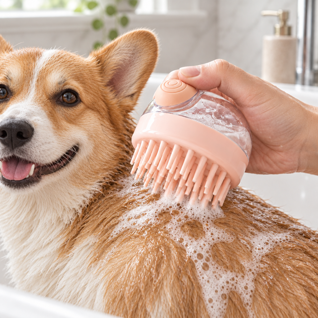 Press-Type Silicone Pet Bathing Brush with Liquid Dispenser | Massage &amp; Shampoo Brush for Dogs &amp; Cats