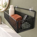 No-Drill Wall Mounted Bathroom Storage Rack | Waterproof Hanging Organizer Shelf with Basket for Toiletries