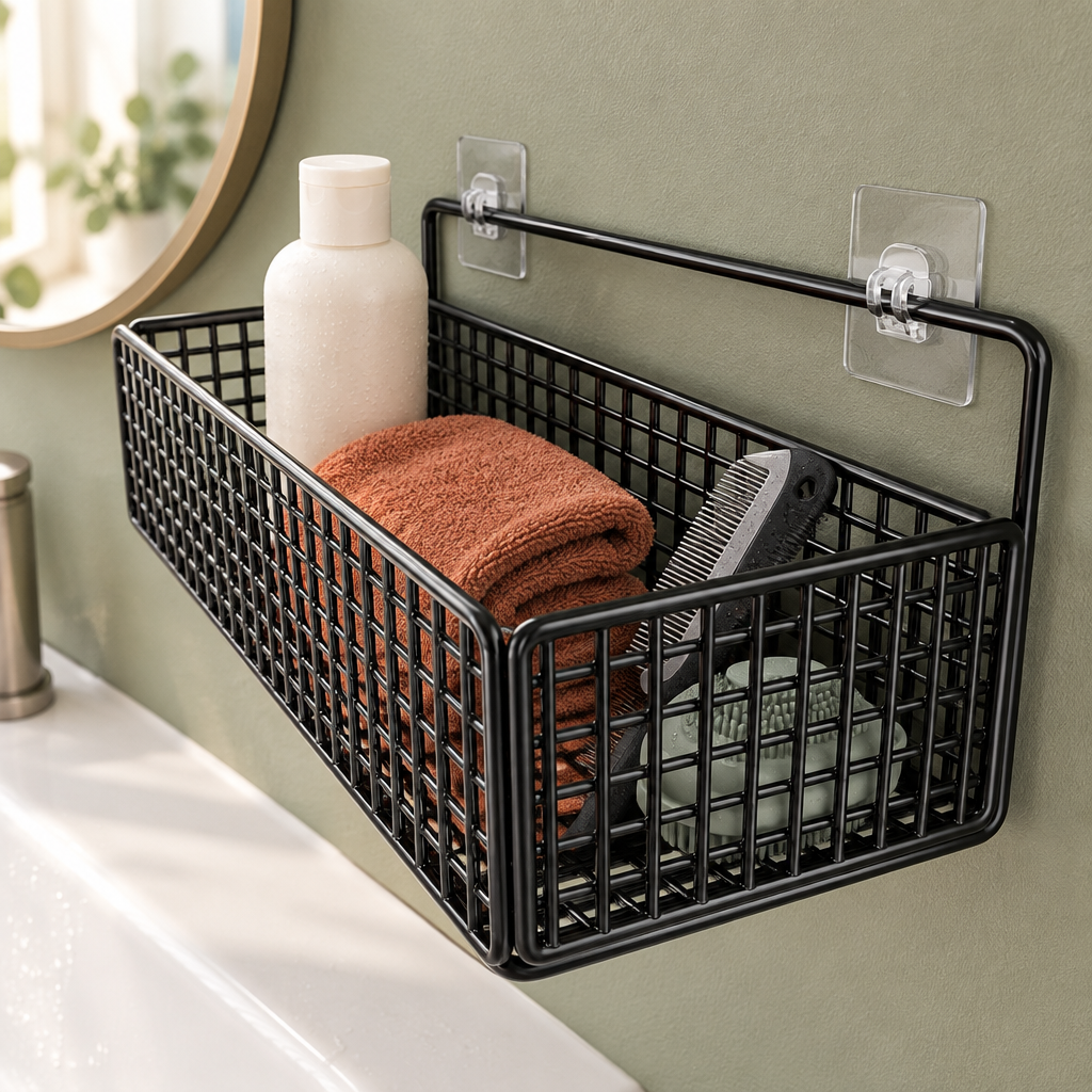No-Drill Wall Mounted Bathroom Storage Rack | Waterproof Hanging Organizer Shelf with Basket for Toiletries