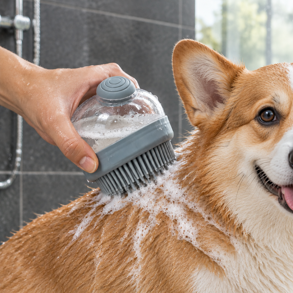 Press-Type Silicone Pet Bathing Brush with Liquid Dispenser | Massage &amp; Shampoo Brush for Dogs &amp; Cats